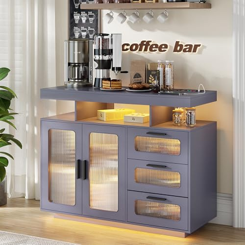 FREDEES Sideboard Cabinet with RGB Light & Charging Station, Grey | Human Sensor LED Light, Large Storage with 3 Drawers, Modern Coffee Bar Cabinet