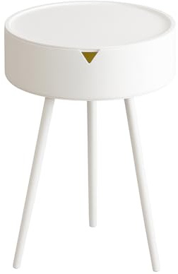 Deconation Table D'appoint Ronde Rangement Intégré | Bout De Canapé, Table De Chevet Ou Table Basse H 54 Cm X D 40 Cm | Blanc