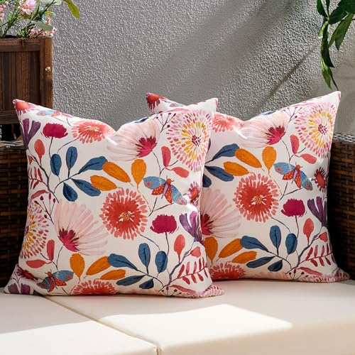 Serento Kissenbezug 50x50 wasserdichte Kissenbezüge für Den Außenbereich,Kissenhüllen 50x50 2er Set mit Frühling Blumenmuster in Rosa Quadratisch Kissen für Gartenmöbel Garten, Terrasse