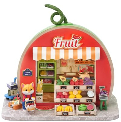 DIY Wald Obst Stadt Mini Puppenhaus Kit Erwachsene Bausatz 3D Holzpuzzle Kreative Wohnkultur (Orange Katze Konserven)