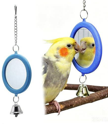 LEOUEANR 1 Stück Vogelspiegel mit Glöckchen, Hängendes Schaukelspielzeug für Wellensittiche & Käfigzubehör für Sittiche, Nymphensittiche & Kanarienvögel (Blau)