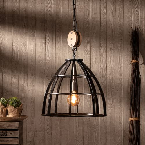 Lightbox Industrial Hängelampe - kürzbare Pendelleuchte im Castledesign - Metall/Holz aus kanadischer Schwarz-Pappel Schwarz/Antik - 47cm Durchmesser