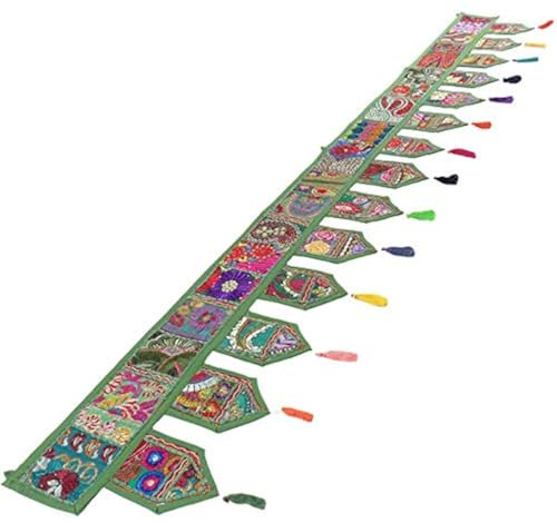 Eyes of India - 198,1 cm grüner Patchwork-Wandbehang – Bohemian-Stil, indisch, Boho, Chic, handgefertigt, Türvorhang