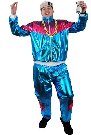 Shell Suit Fancy Dress Costume - Small - 80s/90s Shellsuit Chav Outfit. Includes: Blue Shiny Zip-up Jacket + Matching Trousers With Pockets Tracksuit