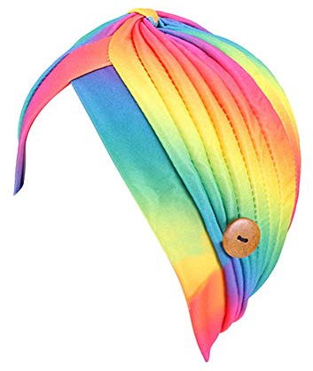 MoreChioce Turban mit Knopf,Damen Weiche Baumwolle Headwrap Elastische Mode Kopftuch Cap Kappe Hijab Headscarf Indische Bandana für Chemotherapie Haarverlust,Regenbogen