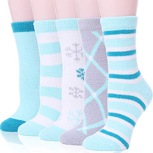 EBMORE Womens Fluffy Socks Slipper Cosy Warm Thick Winter Bed Soft Plush Cabin Socks Gift Stocking Fillers Valentines Day Gifts for Her Mum Women Ladies (Mix Blue(5 Pairs))
