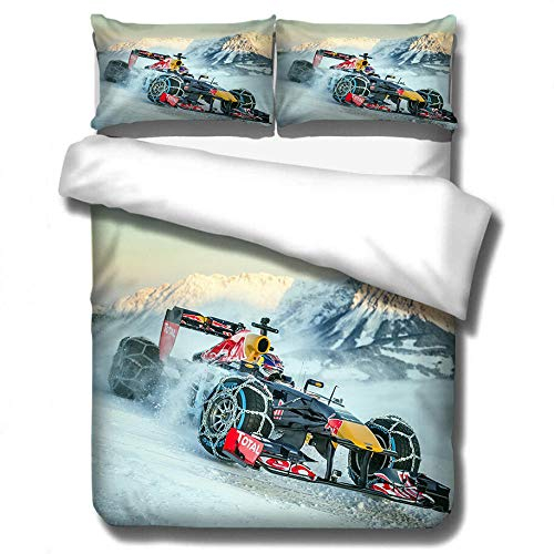 BHFDCR Bettbezug Bettwäsche Set Dreiteilige Bettwäsche Formel Eins 3D Digital Print Weiche Bettwaren aus Mikrofaser Mit Reißverschluss (1 Bettbezug + 2 Kissenbezug) Schlafkomfort 135 x 200 cm