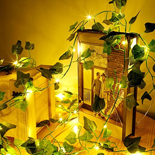 10M/33ft Artificial Ivy Leaf Garland with 100 LED String Lights,Green Ivy Leaf Garland String Lights Battery Operated Flexible Copper Fairy String Lights Hanging for Wedding Party Home Wall Decor(10M)