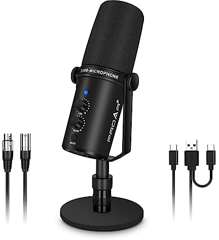 PROAR XLR/USB Dynamic Microphone,PC Computer Microphone for Podcasting,Vocal Recording,Live Streaming,Gaming,Voice-Over,All Metal Professional Studio Mic Kit with Noise Cancelling,USB-C Port