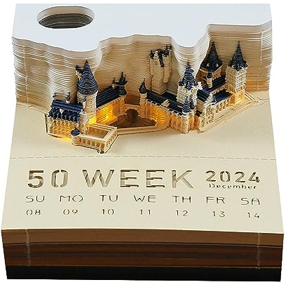 2024 Schreibtisch Kalender Mit Lichtern 3D Memo Pad Papier Kreativer Tischkalender DIY-Notizen Papierskulptur Geschenk Notizblock Kunst Tempel des Himmels Skulptur Home Dekoration