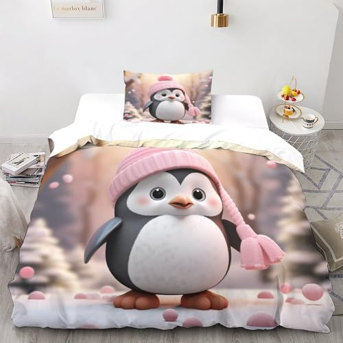 LSORU rosa Pinguin Bettwäsche Bettbezug-Set Mikrofaser, Bettbezug Reißverschluss Und Kissenbezug Für Schlafzimmer, Weiche Bequemer Single(135x200cm)