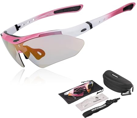ROCKBROS Fahrradbrille Selbsttönend Brille Sonnenbrille Herren/Damen UV 400 mit Kopfband für Brillenträger Outdoorsport Laufen MTB Rosa