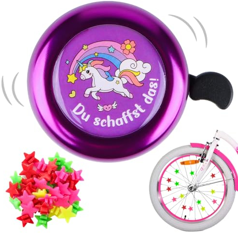 BETESSIN Fahrradklingel Kinder Mädchen - Du schaffst das! - Einhorn Klingel Fahrrad Kinder - inkl. 35x Sternfömige Fahrrad-Speichenreflektoren - Fahrrad Zubehör für Kinder Mädchen