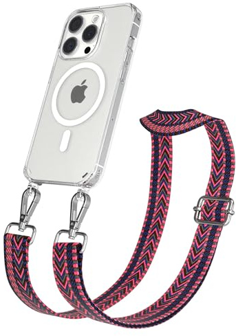 EAZY CASE Handykette - Verstellbares Taschenband kompatibel mit iPhone 15 Pro, Schulterriemen, Handykordel mit Silikon Hülle, Qi Charging kompatibel, Umhängetasche, Pink Blau Silber