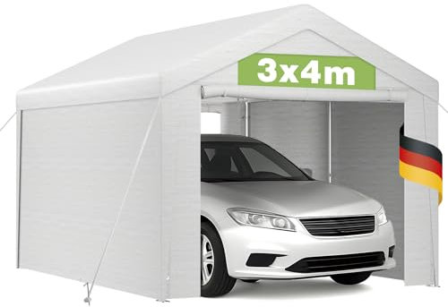 Carport Tente Garage 3x4 m Robuste avec Cadre Métal Zingué, Bâche PE Haute Densité 200g/m² Imperméable Anti-UV, Côtés Fermés Amovibles, Abri Temporaire Voiture Moto Jardin - Blanc