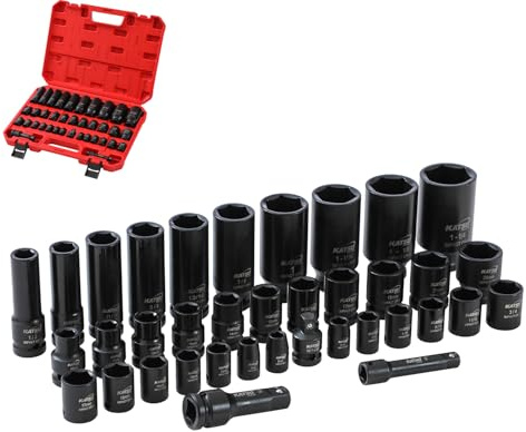 KATSU Tools Set bussole a impatto 37 pz – 1/2″ e 3/8″, 6 punte, pollici & metriche 1/2″-1-1/4″ & 10-24 mm, barre prolunga, custodia