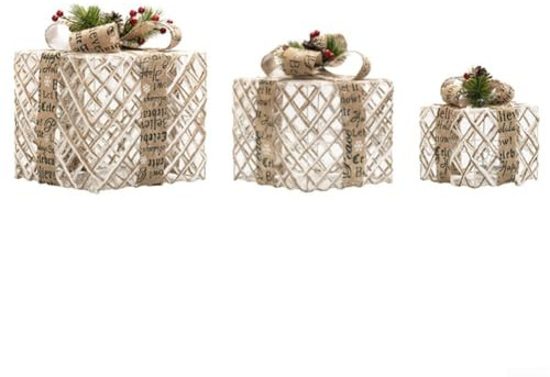 Set mit 3 weihnachtlichen Leuchtkästen für den Innen- und Außenbereich, dekorative Beleuchtung mit weißem Plüsch-Finish, Metallrahmen und silberfarbenem Band, drei Größen, groß, mittel, klein