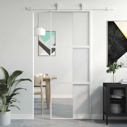 Schiebetür Komplettset Schranktür,Schiebetür Weiß 76x205 cm Hartglas und Aluminium,Tür für Wohnzimmer,Kinderzimmer,Büros