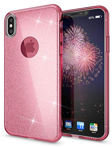 NALIA Glitzerhülle für iPhone X/XS - Grip - Hülle, Pink | Partikel fest im Material eingeschlossen, 3-Schicht-Schutzaufbau mit Hardcase-Kern, Erhöhter Kamerarand, SHINEPOP