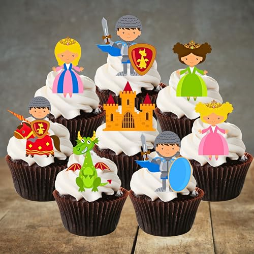 PRECUT Fairytale Cupcake Toppers, Knights Edible Cake Decorations, Princess Birthday Party Decorations, Dragon Cake Topper, Dragon Cake Decorations, Princess Castle Cake Decoration (Pack of 12)
