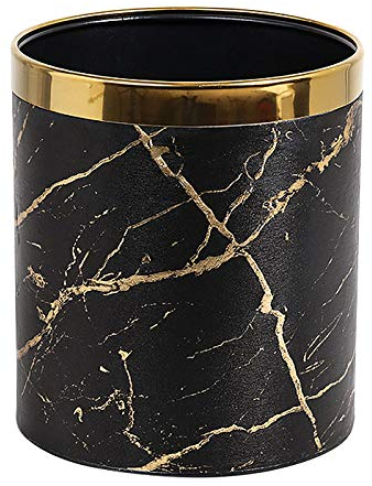 Corbeille à papier en cuir PU pour salle de bain, salon, bureau et hôtel haut de gamme (noir et doré)