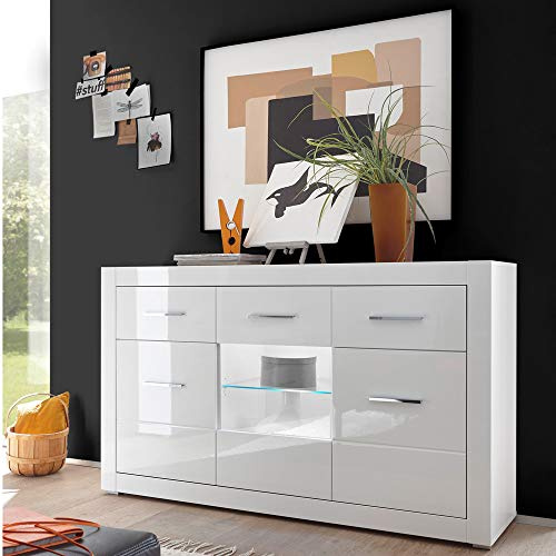 Sideboard in weiß Hochglanz Breite: 164cm inkl. LED-Glaskantenbeleuchtung