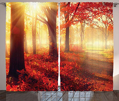 ABAKUHAUS Fallen Rustikaler Vorhang, Misty Morgen im Wald, Wohnzimmer Universalband Gardinen mit Schlaufen und Haken, 280 x 260 cm, Gelb Rot