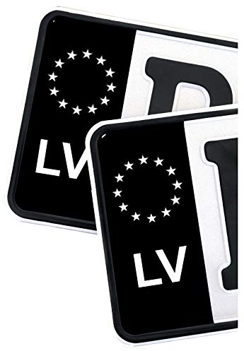 2 x Kennzeichen Sticker passgenau für EU Feld 11x5cm Design Aufkleber für Nummernschild Folie KFZ Schwarz oder mit Fahne waschstraßenfest R059 (12 Lettland, Classic)