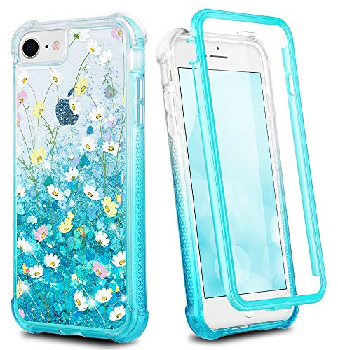 Ruky for iPhone 6 6s 7 8 Case, iPhone SE 2022 Case, Full Body Glitter Liquid Floral Cover with Built-in Screen Protector Girls Women Case for iPhone 6/6s/7/8/SE 2020 & SE 2022, Flower Bouquet