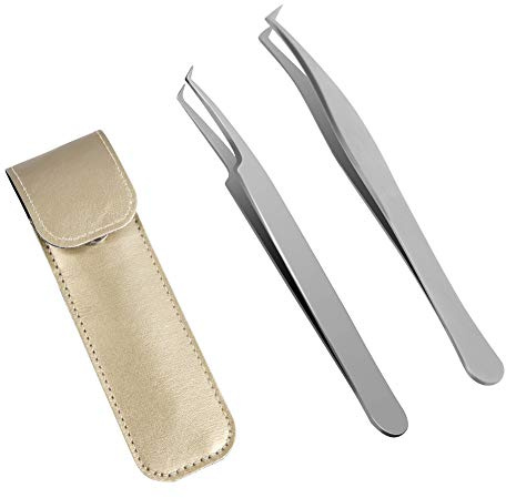 Lunamoon Pince Extension Cils Pince à épiler pour cils Extension à bouts Pointus droit et courbé Nipper 2pcs Professionnel en acier inoxydable Brucelles de précision Set (tweezers set04)