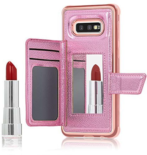 NALIA Schutzhülle kompatibel mit Samsung Galaxy S10e Hülle, Case mit Spiegel & Kartenfächern & Magnet-Verschluss, Glänzendes Kunst-Leder Etui Handy-Tasche Mirror Hard-Cover Handyhülle, Farbe:Pink