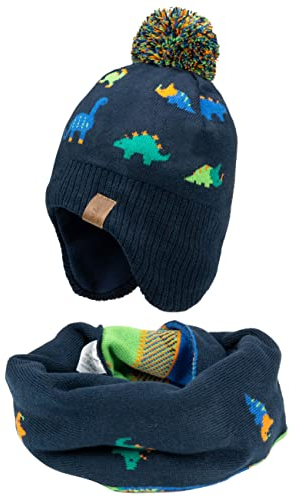 Foruhoo Jungen Wintermütze Beanie Hut, Mädchen Strickmütze Mütze mit Bommel (55, Dino Set)