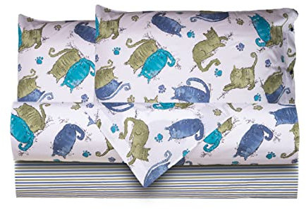 Smart Deco Home Completo letto lenzuola federe letto stampa fantasia 100% cotone Made in Italy MATRIMONIALE GATTI AZZURRO