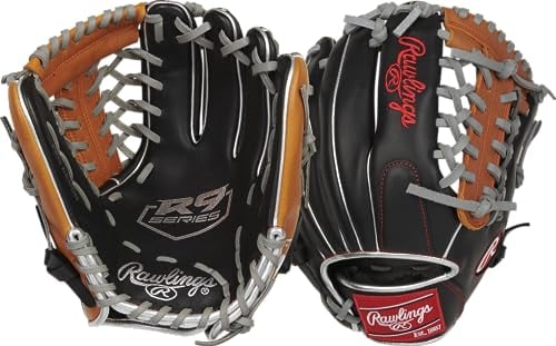 Rawlings Jungen R9 Youth Contour FIT Baseball Glove | Sizes 11-12 | Multiple Styles Handschuh, Schwarz/Hellbraun | Modifiziertes Trap-Eze Web, 11.5 | Infield/Pitcher