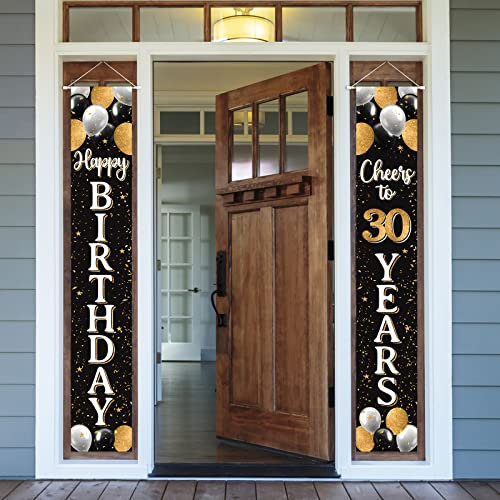 Nelbiirth Türschild mit Aufschrift Happy 30th Birthday, Schwarz & Gold – Cheers to Thirty Years Old Birthday Home Door Backdrop, 30th Birthday Party Decoration