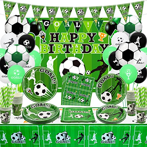 Decorazione per festa di calcio - Include fondale di buon compleanno per il calcio, striscione, stoviglie di carta di calcio per decorazioni di compleanno a tema sportivo per ragazzi, per 20 ospiti