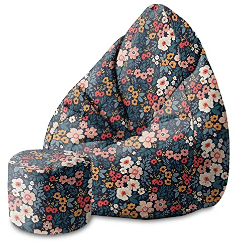 DreamRoots Bean Bag 80x80x120cm - Sitzsack mit Lehne und Hocker und Bezug - Sitzkissen Boden - Chill Bubibag - Sitzsack mit Füllung - Erwachsene mit Füllung M-Dunkle Blum1