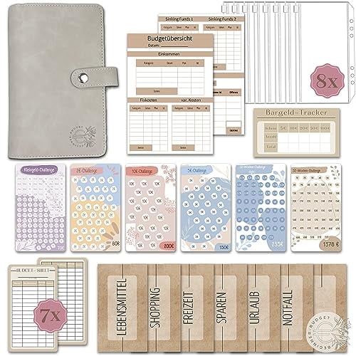 BeginnerBudget® Budget Planner Deutsch - Starterset mit Sparchallenge Budgetplaner - Sparen mit Umschlagmethode + Anleitung - Ringbuch A6 - Binder A6 Wildleder-Style (Grau)
