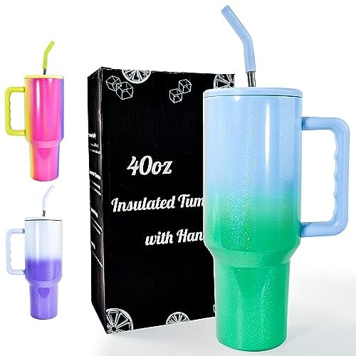 AGH life 40 oz Tumbler with Straw and Lid, Stainless Steel Travel Mug with Handle, Reusable Coffee Cups, Gradient Vacuum Insulated Mug, for Iced Tea or Coffee Hot Drinks and More (Blue & Green)