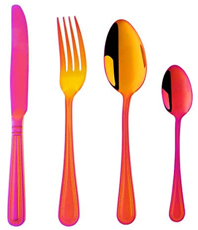 Orange Red Cutlery Set for 4 People, BUYER STAR 16 Piece Stainless Steel Knife and Fork Sets, Bead Pattern Flatware Set for Home/Party/Restaurant, Orange Red Titanium Coating