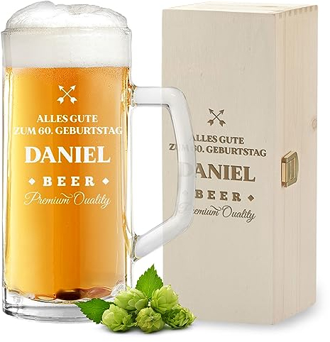 polar-effekt 2-TLG Bierkrug 0,5 L + Holzbox Set mit Gravur Geschenk für Männer - ideal zum Geburtstag und Jubiläum - 1x Kiste aus Holz - 1x Bierglas 500 ml - Geschenkidee für Papa und Opa