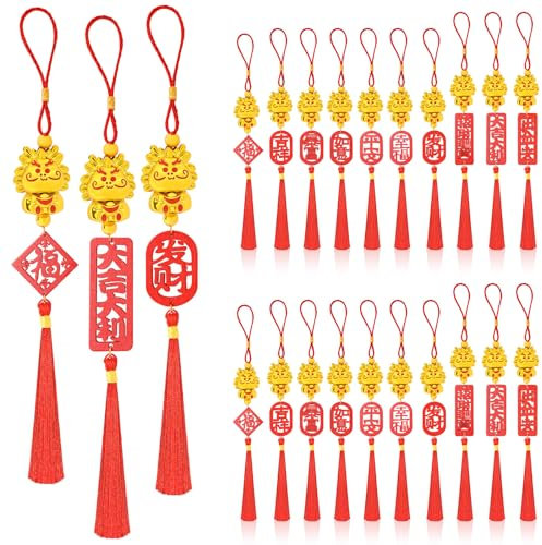 JULMELON Lot de 20 décorations pour le Nouvel An chinois 2024 - Pendentifs Feng Shui dorés à suspendre - Nœud chinois porte-bonheur pour décorations de printemps, festival lunaire, Nouvel An,