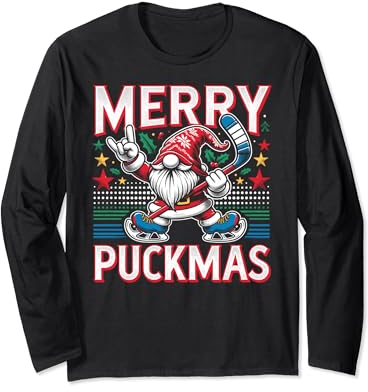 Eishockey-Zwerg, Merry Puckmas, Eishockeyspieler Weihnachten Langarmshirt