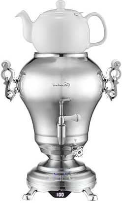 Kochmaster Nostaji Samoware Edelstahl, Teemaschine, Silber Teekannen Set, 3.5L Türkische Teekanne, XXL Induktionsgeeignet Wasserkocher