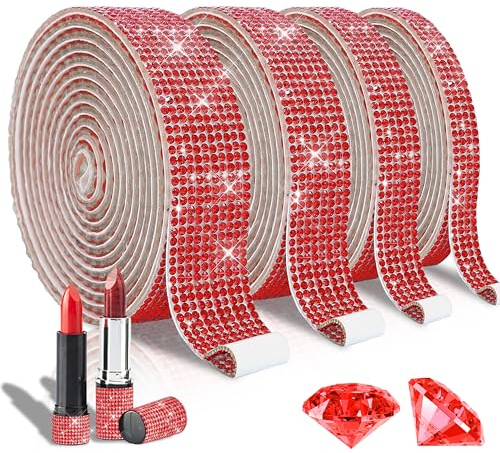 EANLOLY 4 Rollen selbstklebendes Strassband Kristall Diamant Dekoration Aufkleber Bling Kunst Handwerk für Event Hochzeit Party Auto Telefon (Rot)