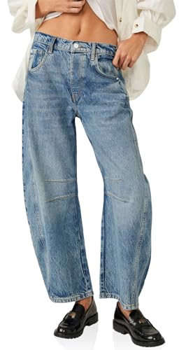 Imily Bela Damen Baggy Jeans, Boyfriend Stil, Vintage, weites Bein, Mid Rise Barrel-Denim Knöchelhosen(Plus Größen bis 4XL) Weiblich Jeans Blau 8