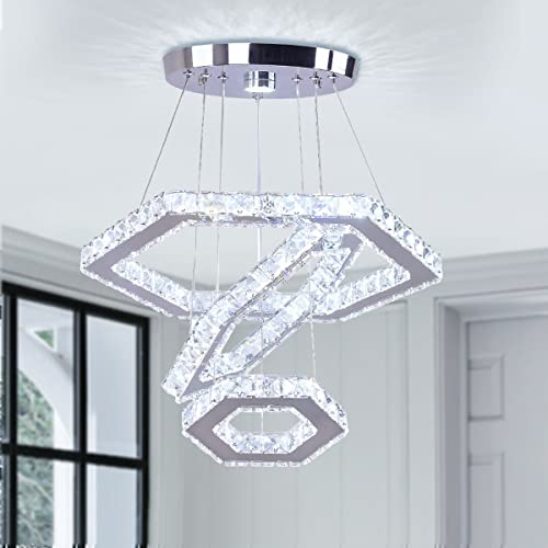 Cainjiazh Deckenleuchte Kristall Kronleuchter LED Deckenlampe Beleuchtung Dimmbar Modern Leuchter Wohnzimmerlampe Schlafzimmerlampe Lampe 3-Ringe Einstellbare Pendelleuchte für Küche, Flur