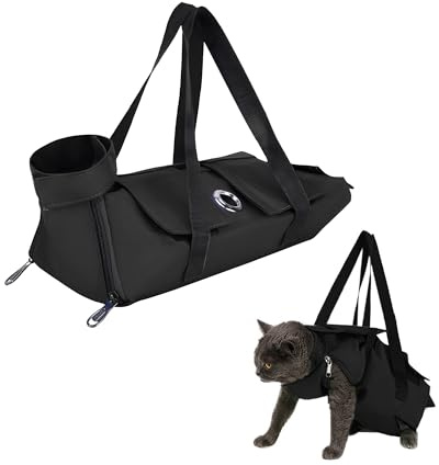Plliocse Cat Grooming Bag Black Cat Nail Clipping Cleaning Grooming Restraint Bag, Anti Scratch Pet Grooming Bag with Leg Holes for Cats Nail Trimming, Ear Cleaning (Black, M)