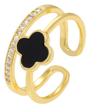 KIASRZN Goldener Kleeblattring für Damen, Verstellbarer, doppellagiger offener Ring mit vierblättrigem Kleeblatt und Zirkonia, geeignet für den Alltag von Damen