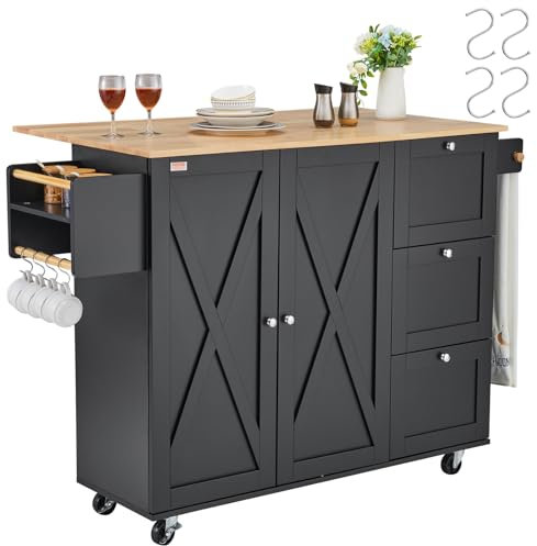 VEVOR Isla de Cocina Portátil con Ruedas, Carrito con Superficie de Madera, Gabinete de Almacenamiento, con Hojas Abatibles, Estante para Especias, Cajón y Ganchos, Negro, 1150 x 680 x 990 mm